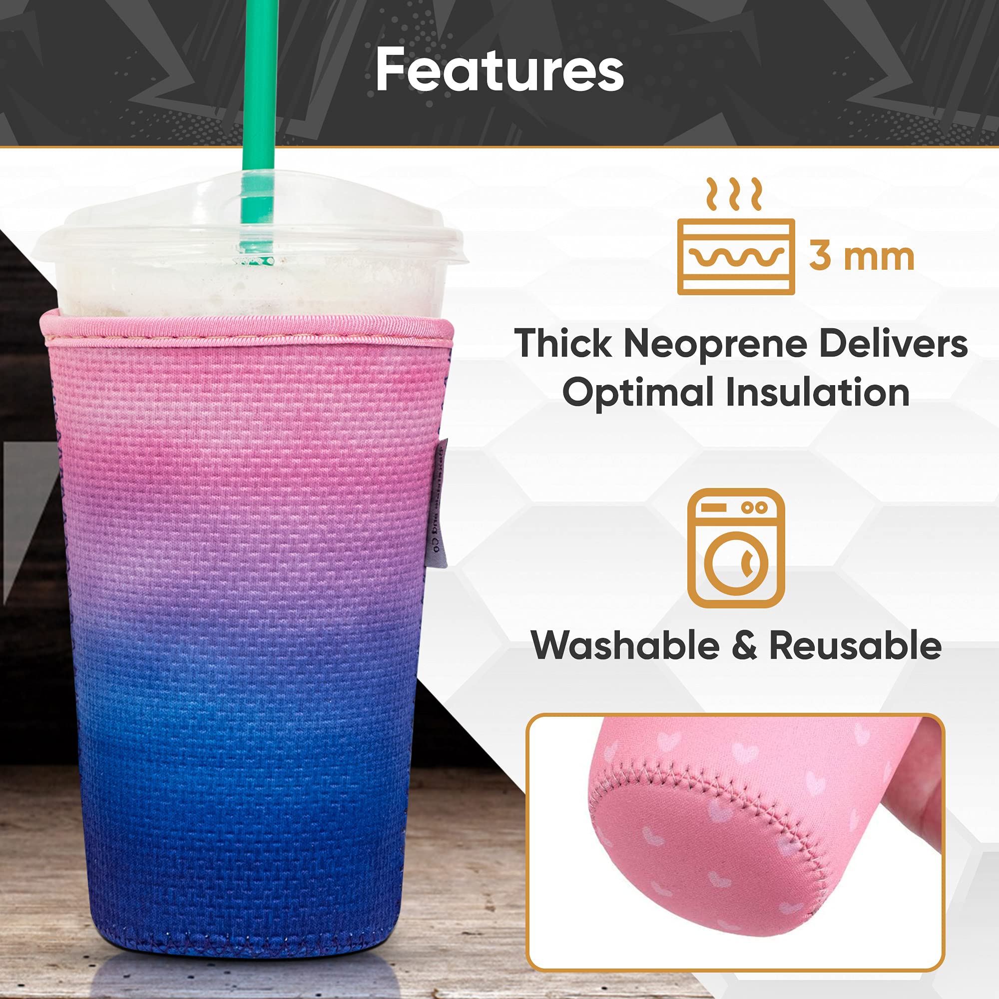 Baxendale and Co Reusable Neoprene Insulator Sleeves for Large Sized Iced Coffee and Cold Drink Cups, Boba Tea, Soda Cups, Tumblers and more (2 PK Large 32oz, Pastel)