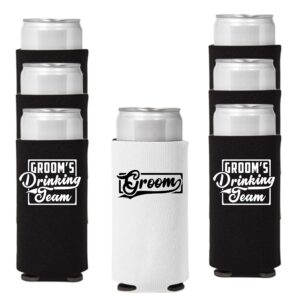 veracco white groom and black groom's drinking team slim can coolie holder bachelor party wedding favors gift for groom groomsmans proposal (white groom, black dt, 12)