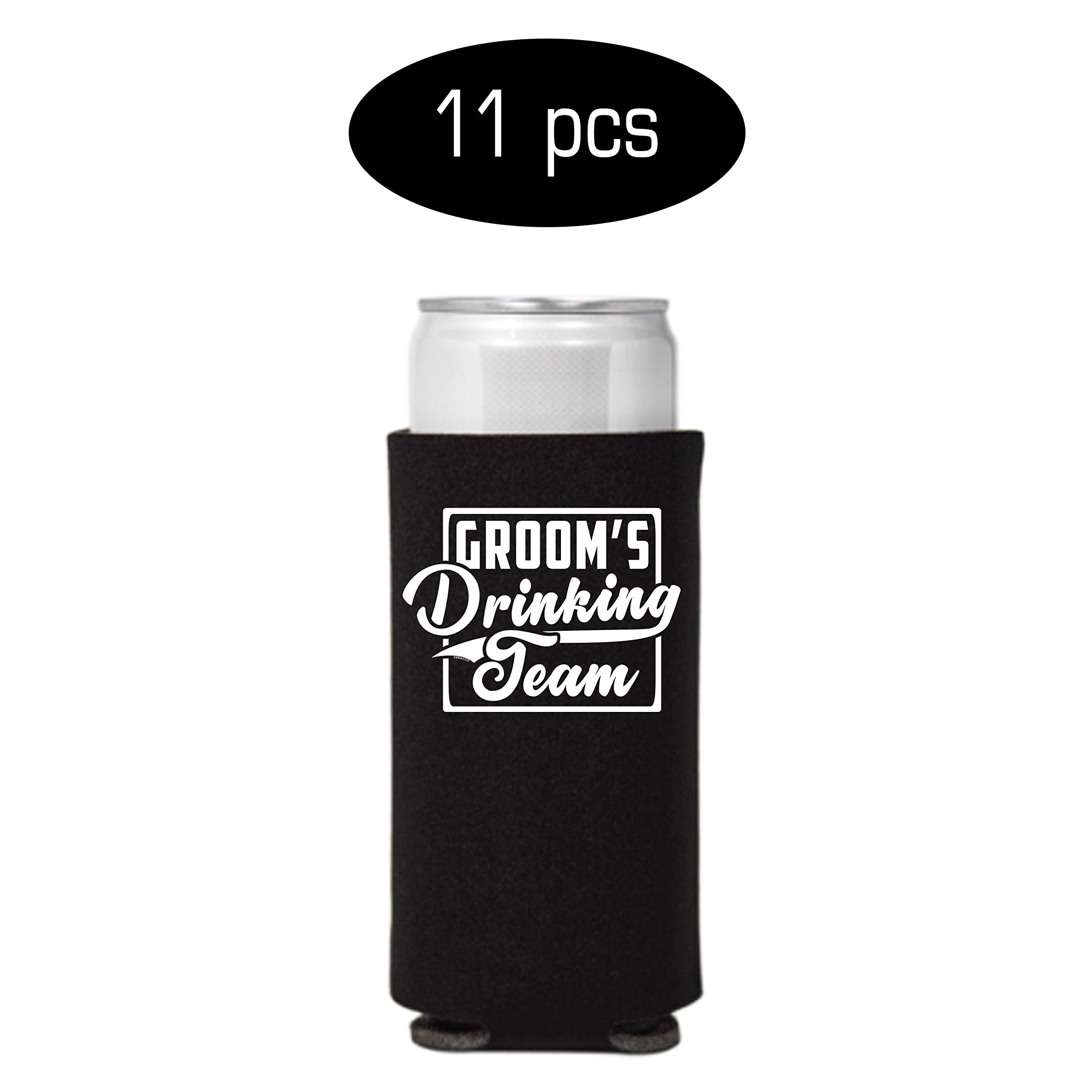 Veracco White Groom and Black Groom's Drinking Team Slim Can Coolie Holder Bachelor Party Wedding Favors Gift For Groom Groomsmans Proposal (White Groom, Black DT, 12)