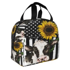huzeiminniu american flag lunch bag sunflower cow lunch bag tote bag portable insulated reusable lunch box for office work camping travel picnic beach fishing for adult