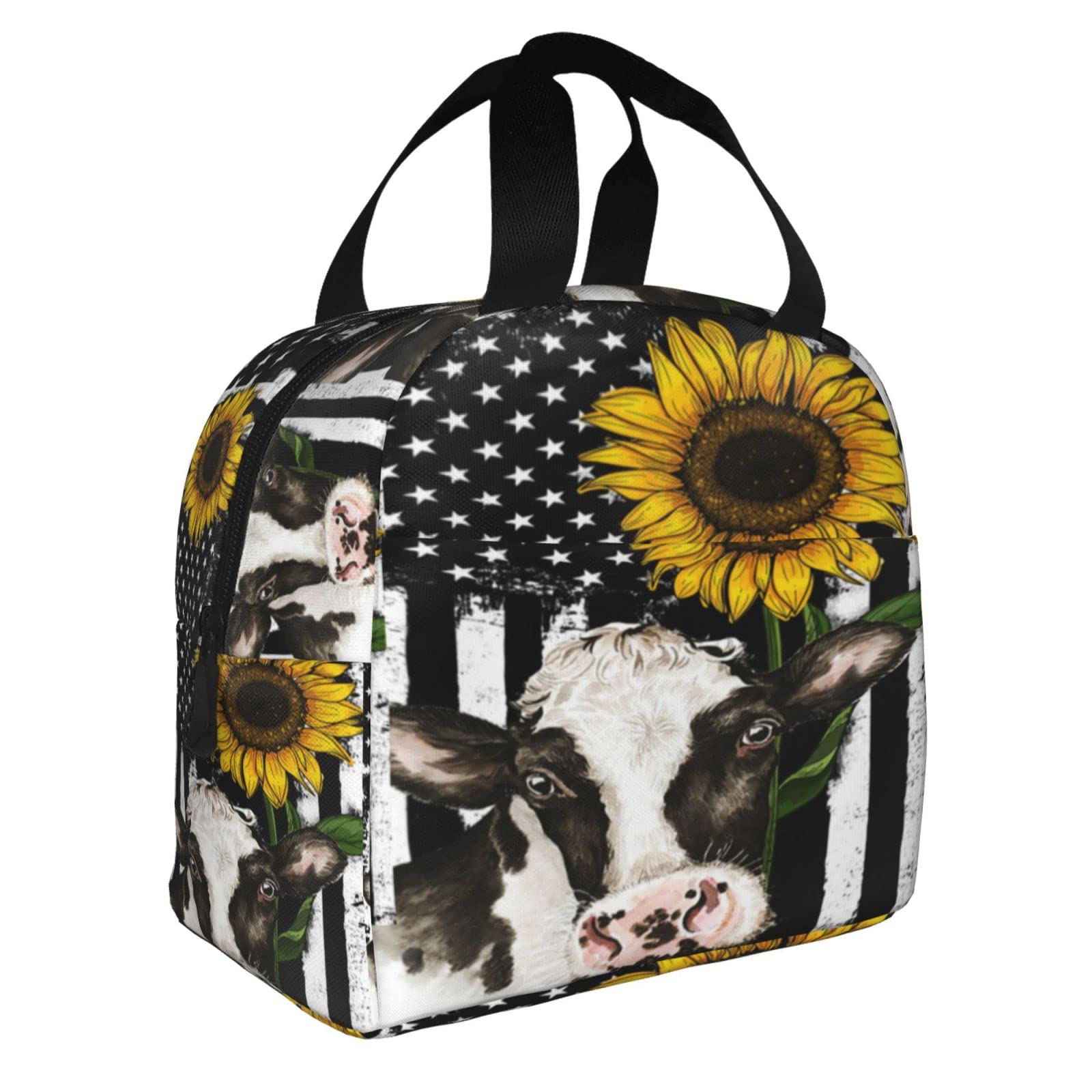 HUZEIMINniu American Flag Lunch Bag Sunflower Cow Lunch Bag Tote Bag Portable Insulated Reusable Lunch Box For Office Work Camping Travel Picnic Beach Fishing For Adult