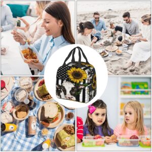 HUZEIMINniu American Flag Lunch Bag Sunflower Cow Lunch Bag Tote Bag Portable Insulated Reusable Lunch Box For Office Work Camping Travel Picnic Beach Fishing For Adult