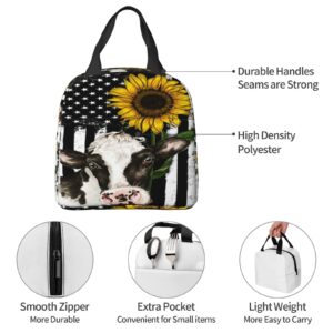 HUZEIMINniu American Flag Lunch Bag Sunflower Cow Lunch Bag Tote Bag Portable Insulated Reusable Lunch Box For Office Work Camping Travel Picnic Beach Fishing For Adult