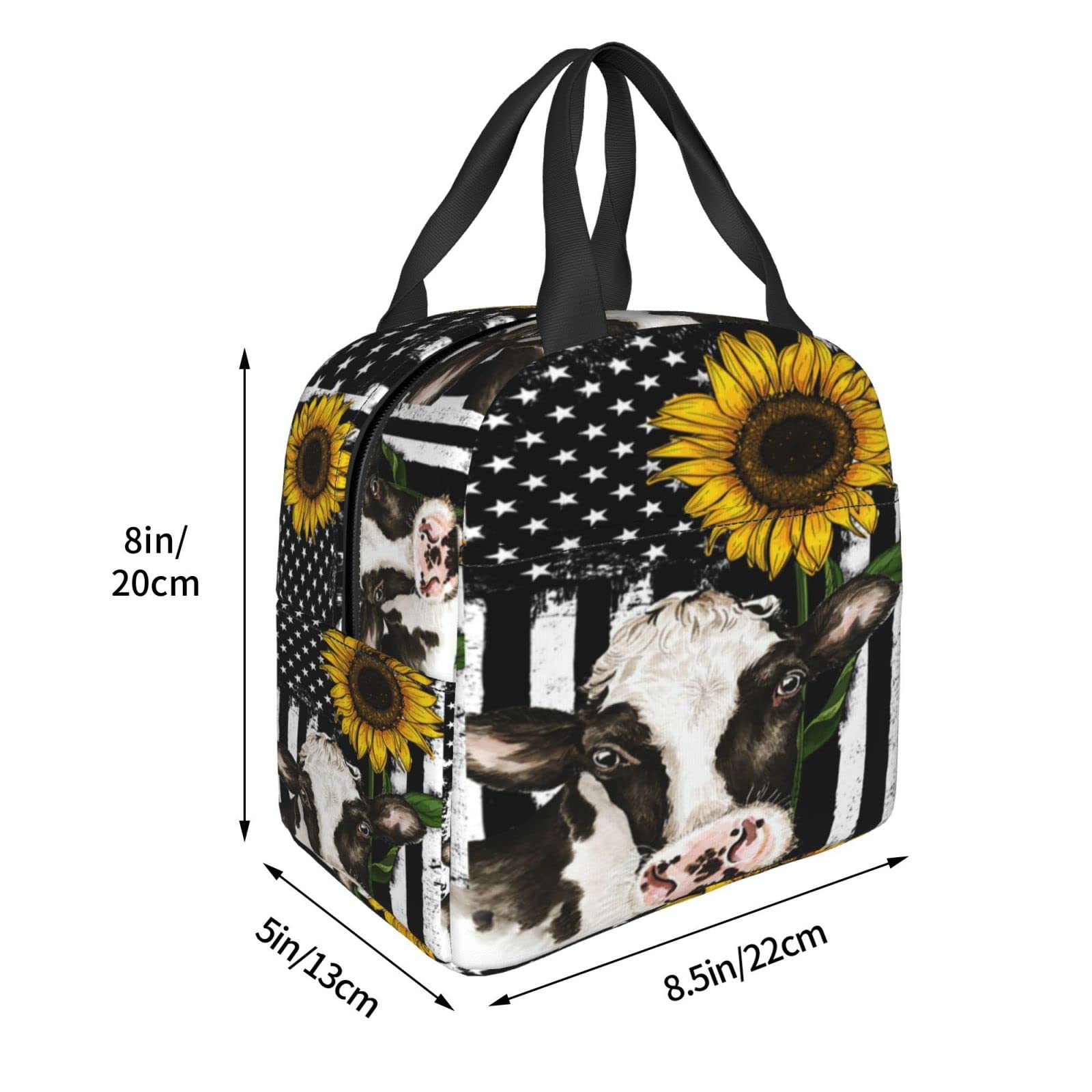 HUZEIMINniu American Flag Lunch Bag Sunflower Cow Lunch Bag Tote Bag Portable Insulated Reusable Lunch Box For Office Work Camping Travel Picnic Beach Fishing For Adult