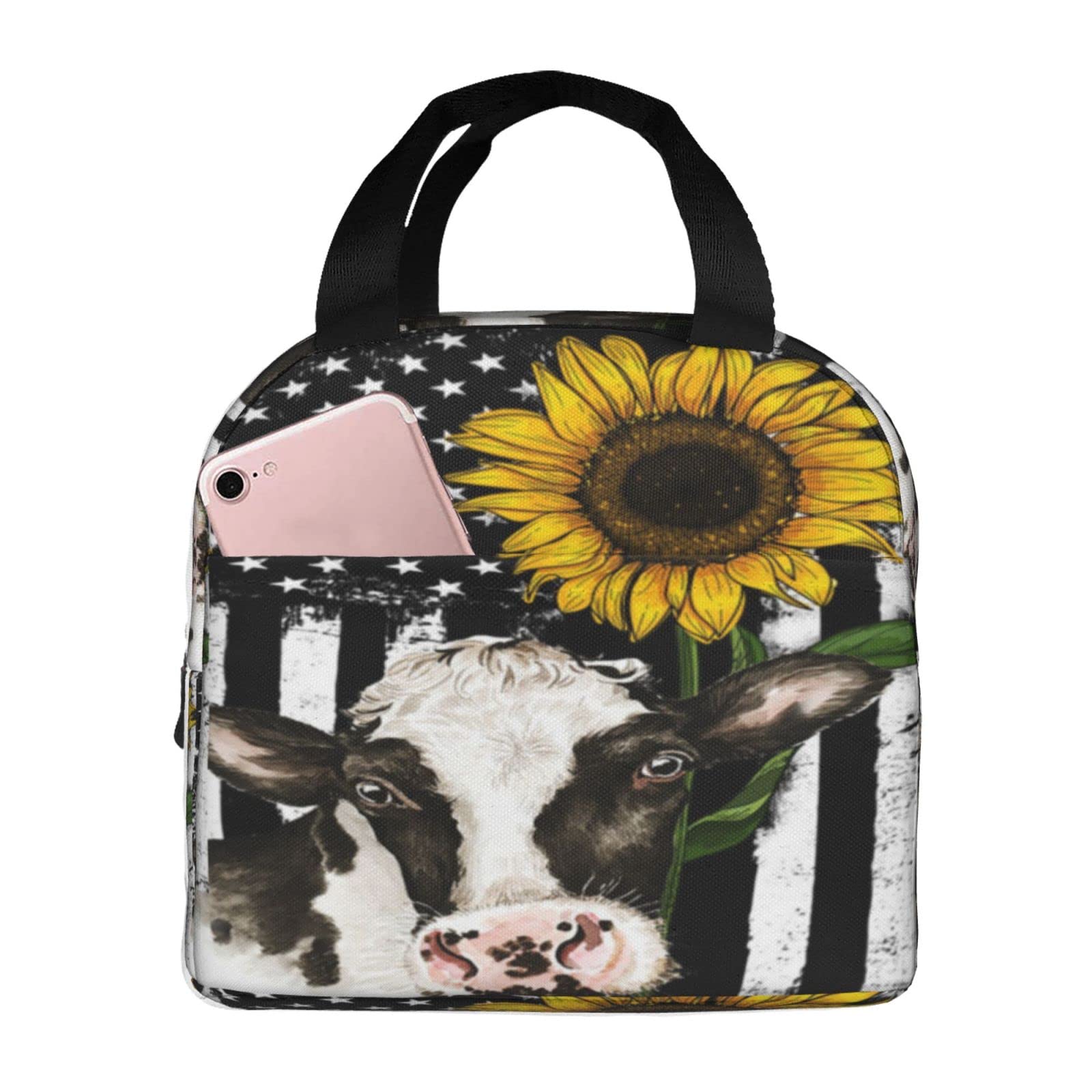 HUZEIMINniu American Flag Lunch Bag Sunflower Cow Lunch Bag Tote Bag Portable Insulated Reusable Lunch Box For Office Work Camping Travel Picnic Beach Fishing For Adult