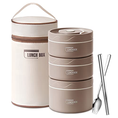 QQKO Portable Insulated Food Lunch Container Set with Thermal Lunch Box, 3 Separate Stackable Lunch Container for Adult Men Women Kids, 66 Oz/8.25 Cup (Brown, 3-Tier)