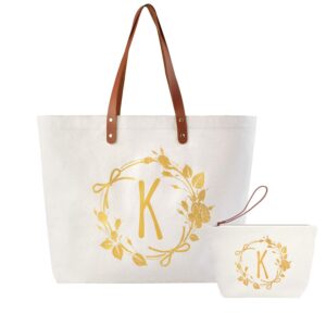 elegantpark birthday gifts for women mom friend personalized bag with k letter teacher gifts bridesmaid gifts monogrammed gifts for women canvas tote bag and makeup bag 2 pcs