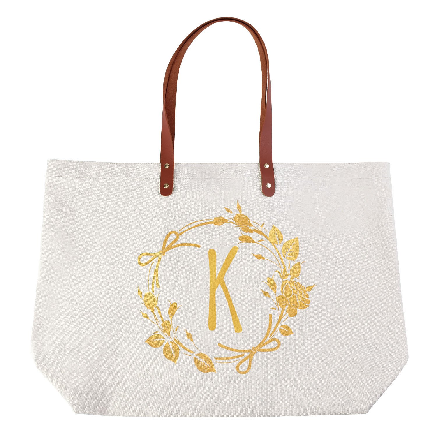 ELEGANTPARK Birthday Gifts for Women Mom Friend Personalized Bag with K Letter Teacher Gifts Bridesmaid Gifts Monogrammed Gifts for Women Canvas Tote Bag and Makeup Bag 2 Pcs