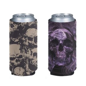 snilety cool skull print beer can sleeve 2pc set halloween decorative neoprene insulated stubby holder for slim cans fits 12 oz 2pcs set