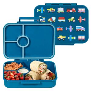 wildkin kids bento box for boys and girls, features 4 compartments, leak proof with close clasp design, perfect for school & travel bento for kids (trains, planes, and trucks)