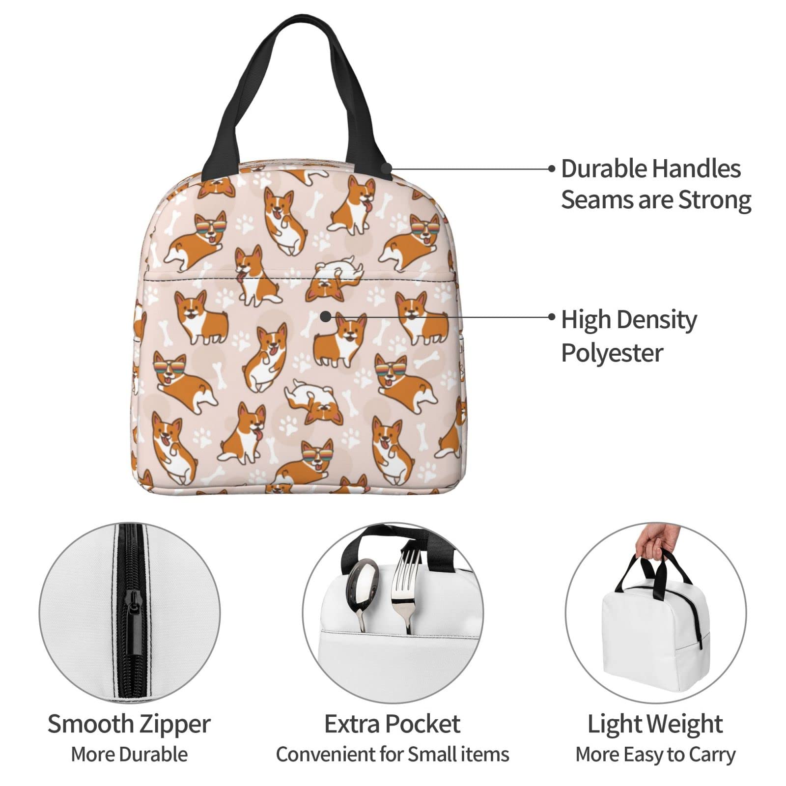 Dkoalhia Corgi Insulated Lunch Bags with Pocket Reusable Cooler Lunch Bag Dog Lunch Box