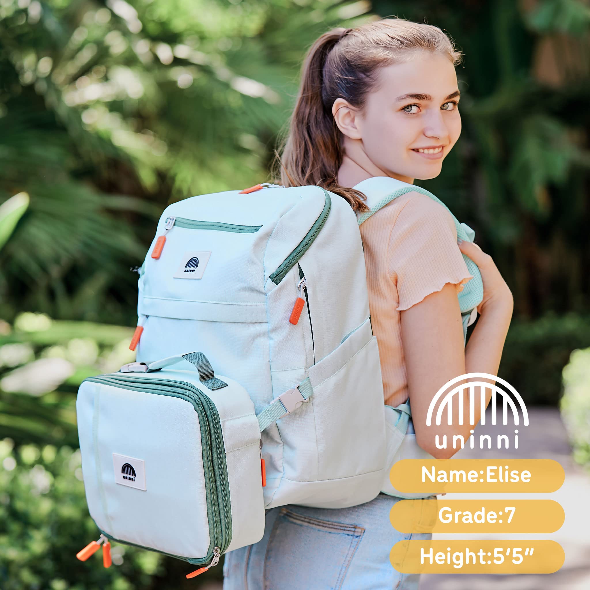 uninni Mint 16'' Kids Backpack Set for Age 6+,fits for height 3'9" above kids with Lightweight Insulated Lunch Bag and Cute Pencil Case for Boys and Girls