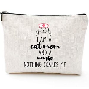 mothers day birthday gifts for mom, funny gifts for nurses, cat mom, gifts for cat lovers for nurse women, funny cat gifts cat lovers - i am cat mom and nurse nothing scares me - nurse makeup bag 1