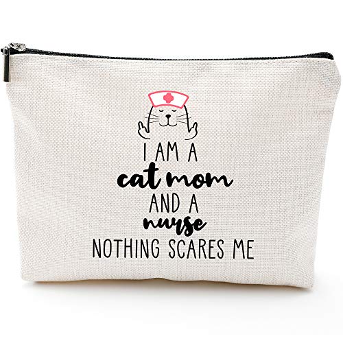 Mothers Day Birthday Gifts for Mom, Funny Gifts for Nurses, Cat Mom, Gifts for Cat Lovers for Nurse Women, Funny Cat Gifts Cat Lovers - I am Cat Mom And Nurse Nothing Scares Me - Nurse Makeup Bag 1