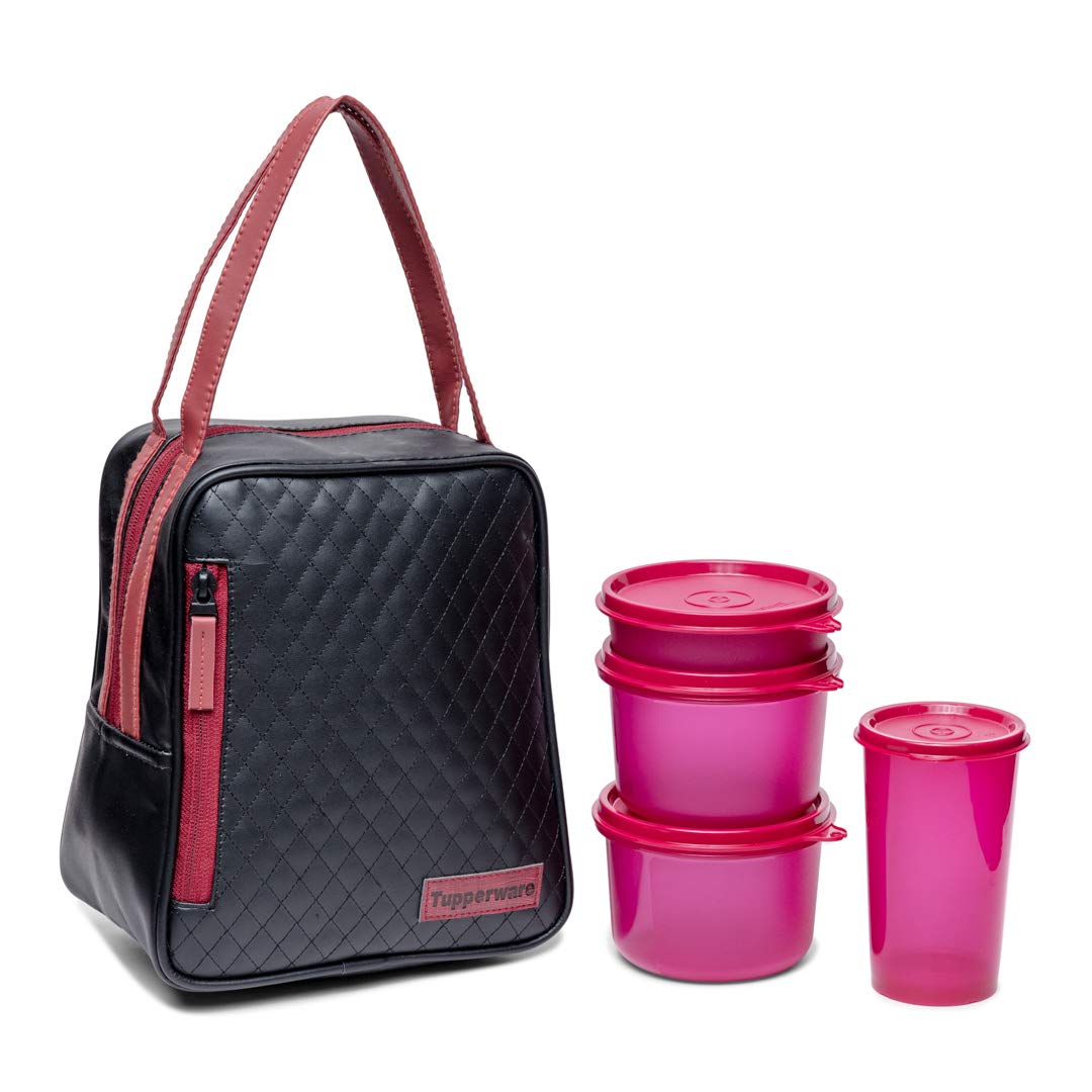Tupperware Plastic Elegant Lunch Set for Women (Pink) - Contains 4 Bowls and 1 Lunch Bag