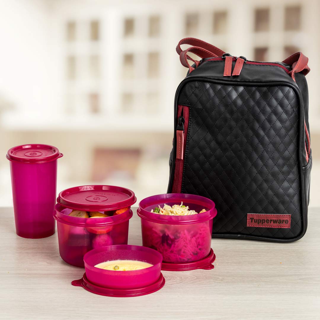 Tupperware Plastic Elegant Lunch Set for Women (Pink) - Contains 4 Bowls and 1 Lunch Bag