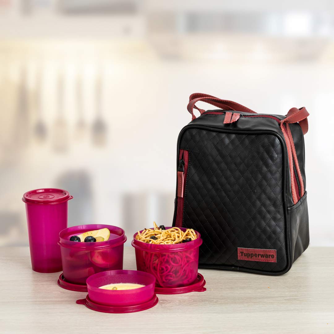 Tupperware Plastic Elegant Lunch Set for Women (Pink) - Contains 4 Bowls and 1 Lunch Bag