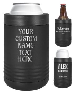 personalized stainless steel engraved insulated beverage holder customized can cooler with custom name text – wedding, birthday, corporate gift (black, standard)