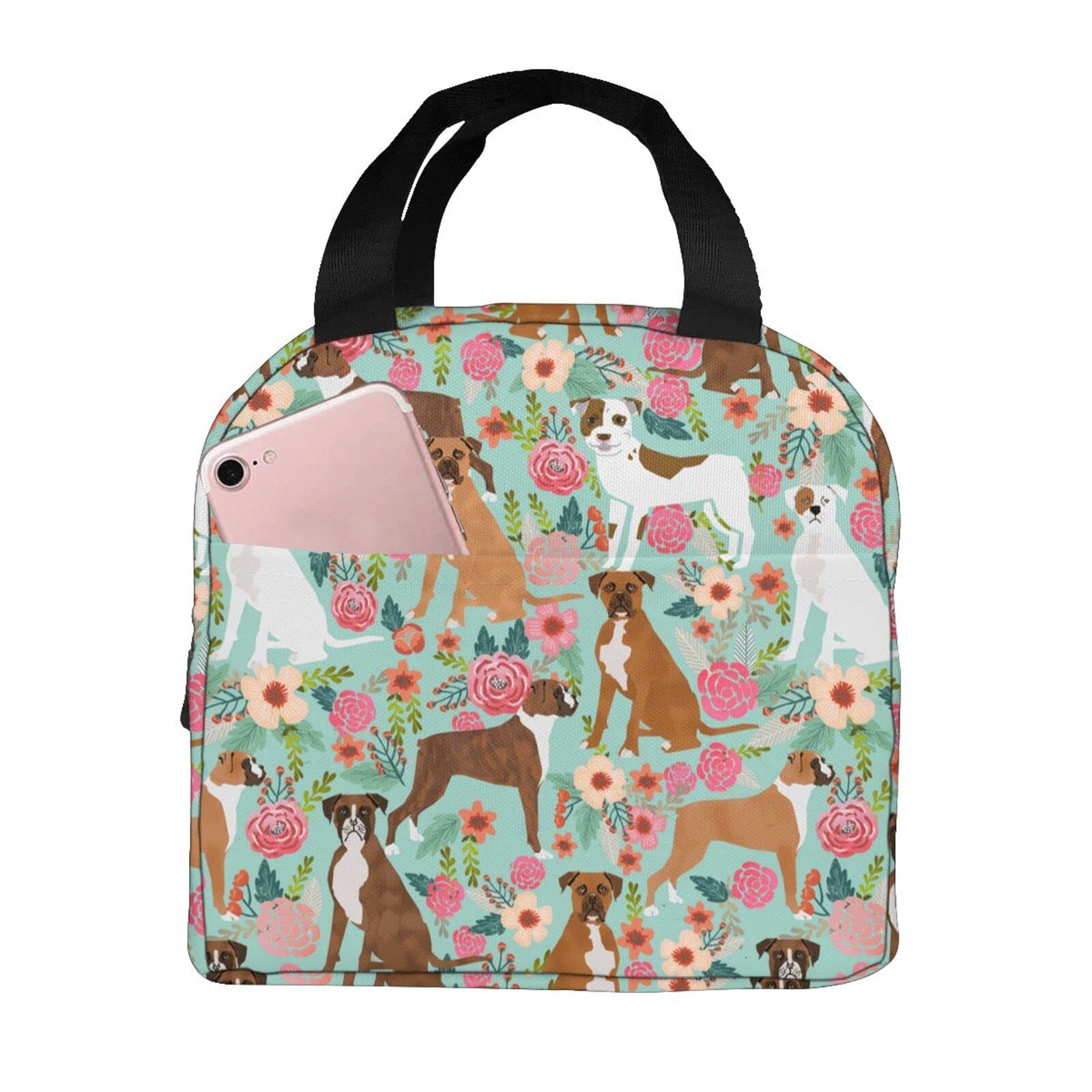 wzialfpo Boxer Dog Flowers Florals Lunch Box Tote Lunch Bag Insulated Portable Meal Bag Handbags For Adults Women Men Teens Suitable Work Picnic