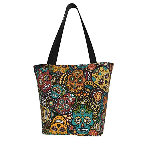 antkondnm Mexican Sugar Skulls Tote Bags Shoulder Bag with Zipper for Women Reusable Shoppers Tote…