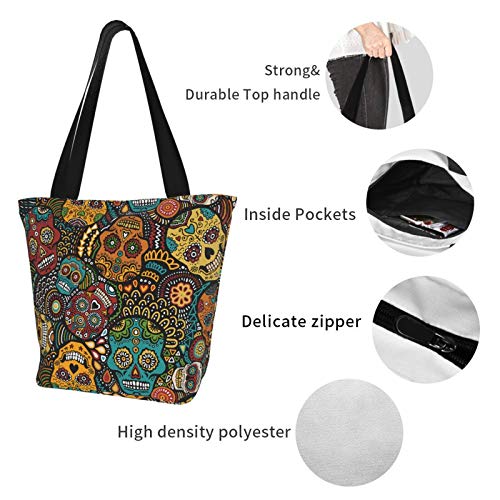 antkondnm Mexican Sugar Skulls Tote Bags Shoulder Bag with Zipper for Women Reusable Shoppers Tote…