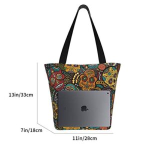 antkondnm Mexican Sugar Skulls Tote Bags Shoulder Bag with Zipper for Women Reusable Shoppers Tote…