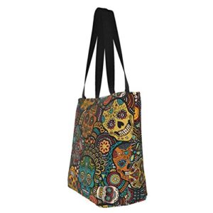 antkondnm Mexican Sugar Skulls Tote Bags Shoulder Bag with Zipper for Women Reusable Shoppers Tote…