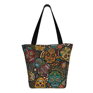 antkondnm Mexican Sugar Skulls Tote Bags Shoulder Bag with Zipper for Women Reusable Shoppers Tote…