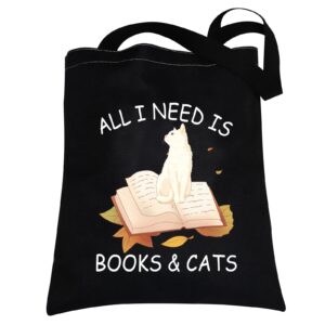 cmnim all i need is books and cats book lover gifts tote bag funny reader gifts for cat lover tote bag librarian bookworm gifts (cat and book tote bag)