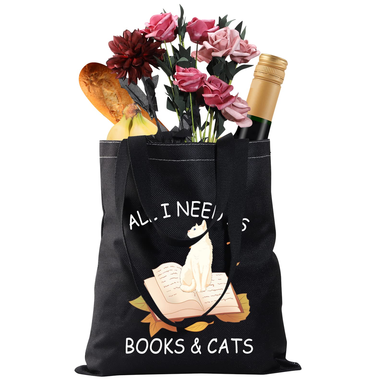 CMNIM All I Need is Books and Cats Book Lover Gifts Tote Bag Funny Reader Gifts for Cat Lover Tote Bag Librarian Bookworm Gifts (cat and book tote bag)