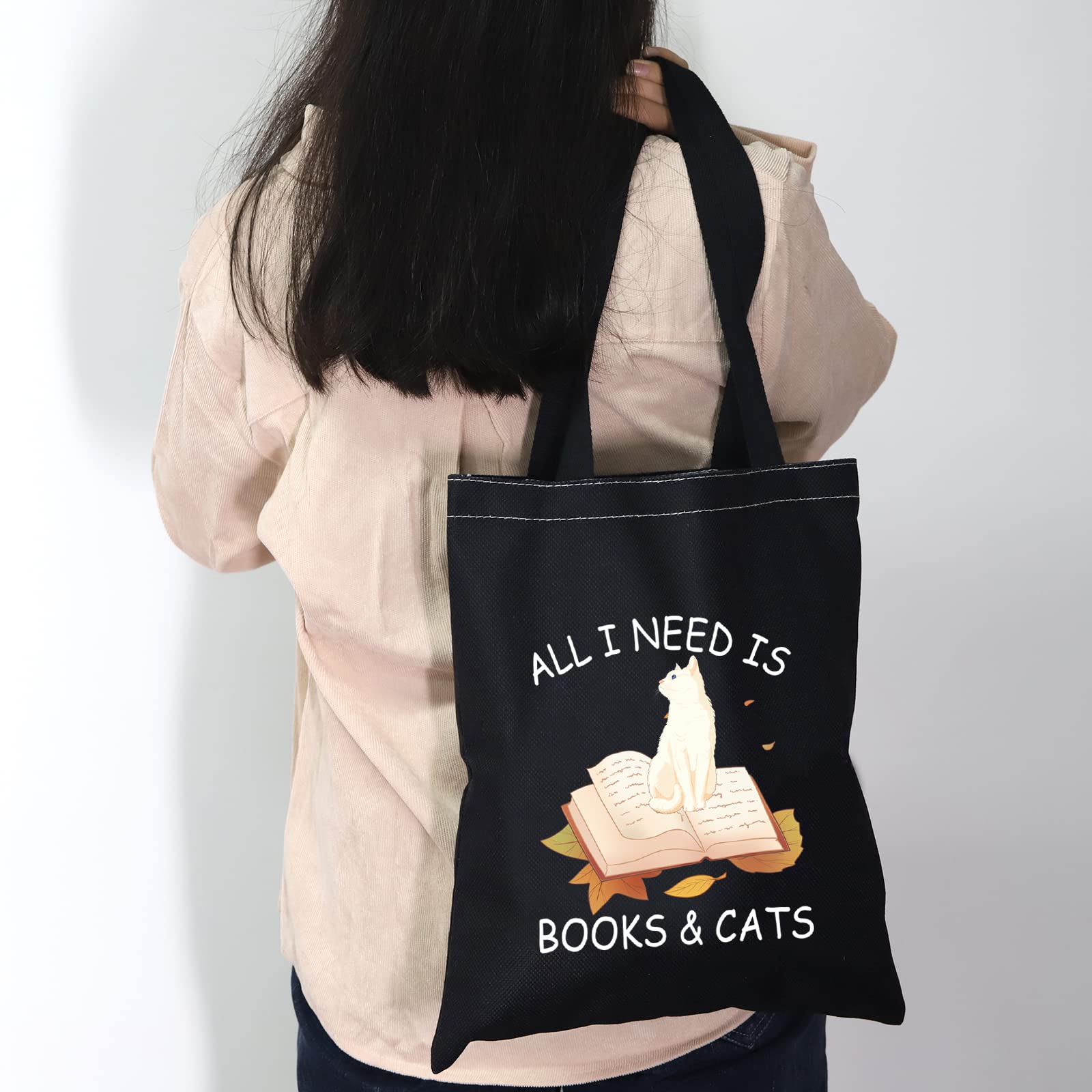 CMNIM All I Need is Books and Cats Book Lover Gifts Tote Bag Funny Reader Gifts for Cat Lover Tote Bag Librarian Bookworm Gifts (cat and book tote bag)