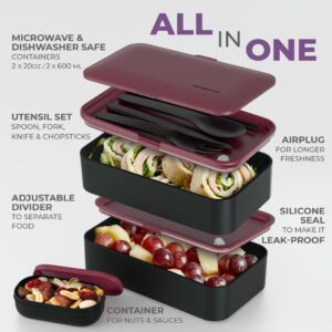 Bentoheaven Premium Bento Lunch Box with Insulated Lunch Bag - Box Includes Sauce Cup, Divider, Cutlery & Chopsticks - Bag Made of Durable Aluminum Foam