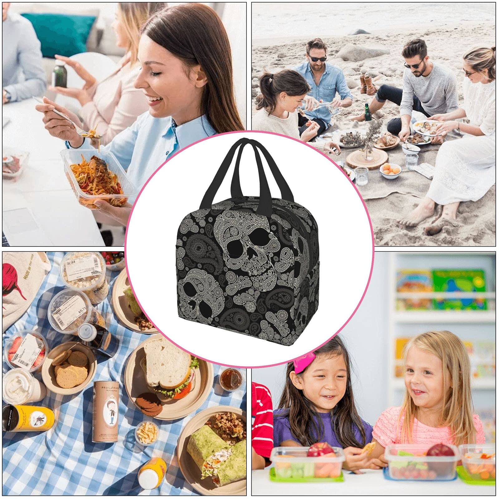 SCIXITI Sugar Skull Paisley Lunch Box Container Insulated Lunch Bags for Women Men Reusable Tote Bag for Office Outdoor Picnic Beach