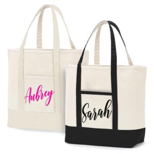 personalized canvas bags w/name 2 bag colors 17 vinyl colors custom shoulder tote bag gifts woman customized zippered shopping bag girls reusable grocery bags woman birthday gift c1 black and beige
