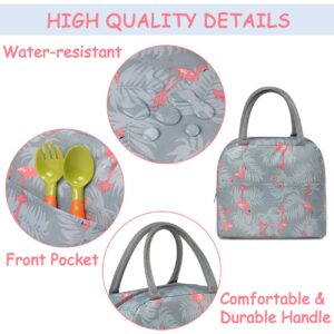 Kasqo Lunch Box Bag for Kids, Insulated Cooler Bag Boys and Girls Durable Foldable Lunch Tote Children’s Thermal Bag with Front Pocket for School Picnic Travel in Cute Flamingo