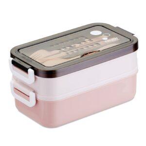puoenfgr bento lunch box,japanese-style large capacity double layer stacking,microwave can be used,comes with three-piece cutlery set,adults love it,great for camping,work (pink)