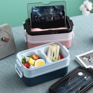 PUOENFGR Bento Lunch Box,Japanese-Style Large Capacity Double Layer stacking,Microwave Can Be Used,Comes with Three-Piece Cutlery Set,Adults Love It,Great for Camping,Work (Pink)