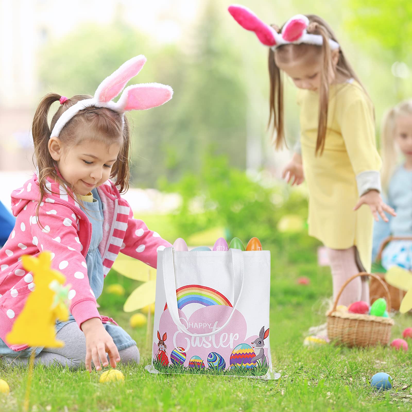 AKEROCK Easter Bags, 3 PCS Easter Bags with Handles, Large Reusable Tote Bags for Kids Egg Hunt - Easter Canvas Bags