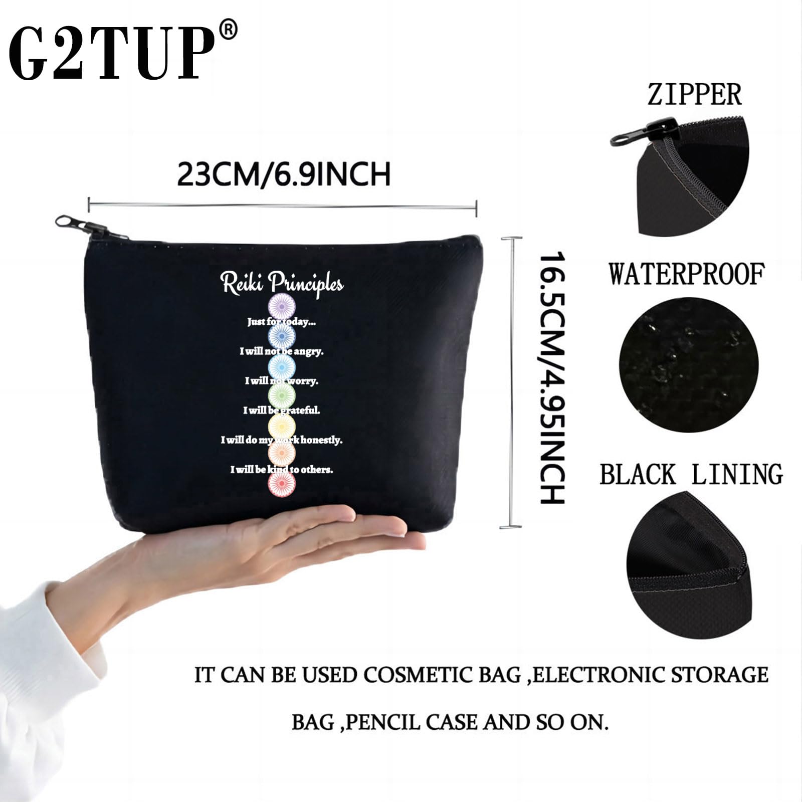 G2TUP Reiki Master Yoga Teacher Makeup Bag Just for Today Inspirational Spiritual Gifts Reiki Chakra Healing Zipper (Just for Today BLACK)