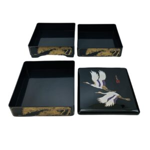 JapanBargain 4119, Jubako Box Japanese Traditional 3 Tiers Stack Box Food Candy Snack Container Bento Box Made in Japan, Plastic Lacquered, Black Crane