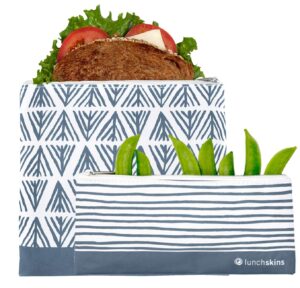 lunchskins reusable 2 piece zippered food storage bag set, 1 sandwich bag + 1 snack bag, blue geometric