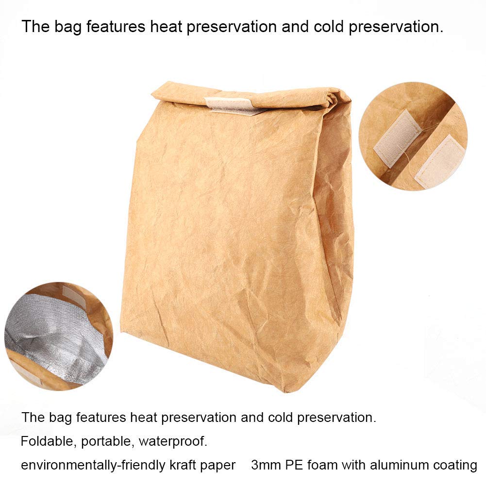 TOPINCN Lunch Bag Waterproof Insulated Lunch Box Storage Kraft Paper for Women Men Outdoor Picnic(Brown)