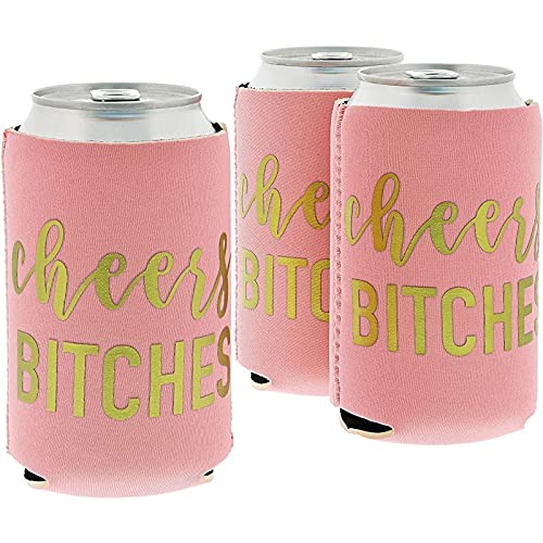 12 oz Cheers Bitches Neoprene Can Cooler Sleeves for Soda, Beer, Beverages (3 Pack)