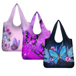 AFPANQZ 3PCS Butterfly Grocery Bags Reusable Shopping Bags Foldable into Pouch Large Groceries Totes Bags Ripstop Polyester Fabric Light Weight Machine Washable Lovely Butterflies Pink & Navy Blue