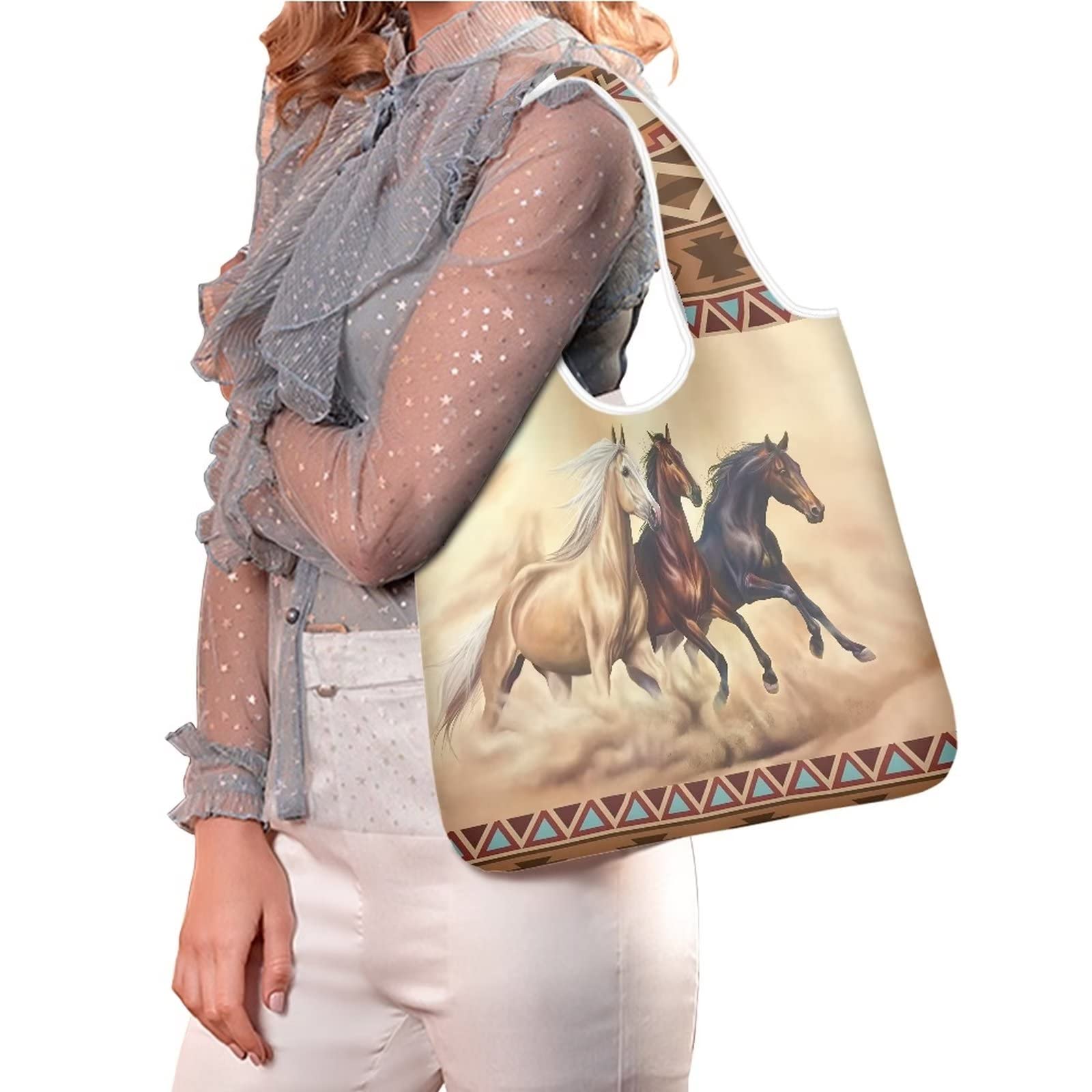 WELLFLYHOM Western Horse Tote Bag Purse for Womern Eco-friendly Shopping Bags Reusable Kitchen Grocery Bag Storage Pouch Travel Organizer Shoulder Handbag Stuff Sack