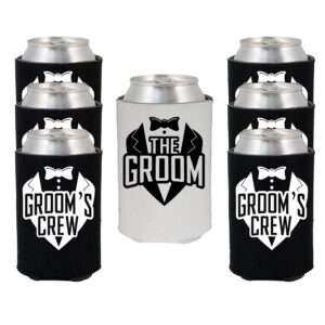the groom tuxedo and groom’s crew tuxedo wedding can sleeve cooler insulated drink coozies soda beer hugger coolies (crew tux, 7 pk)