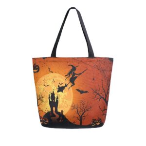 Naanle Halloween Canvas Tote Bag Large Women Casual Shoulder Bag Handbag Witch Haunted House Reusable Multipurpose Heavy Duty Shopping Grocery Cotton Bag for Outdoors.