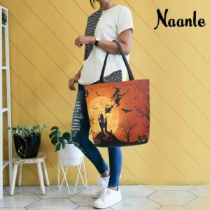 Naanle Halloween Canvas Tote Bag Large Women Casual Shoulder Bag Handbag Witch Haunted House Reusable Multipurpose Heavy Duty Shopping Grocery Cotton Bag for Outdoors.