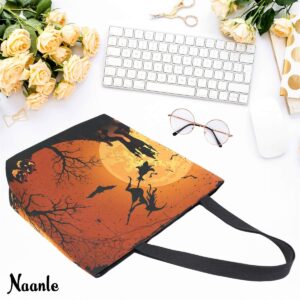 Naanle Halloween Canvas Tote Bag Large Women Casual Shoulder Bag Handbag Witch Haunted House Reusable Multipurpose Heavy Duty Shopping Grocery Cotton Bag for Outdoors.