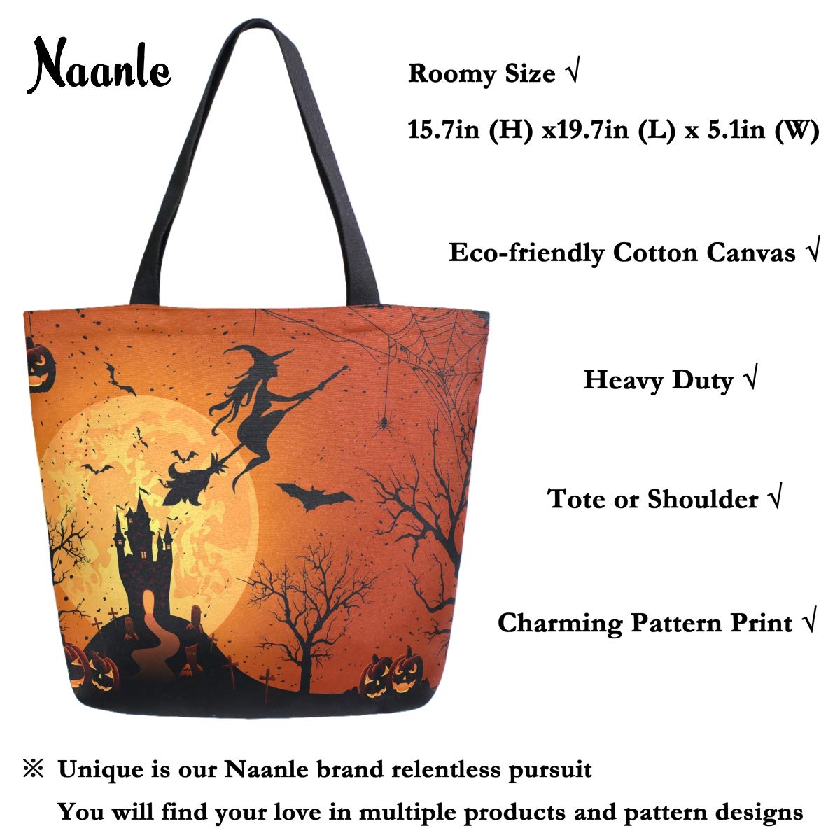 Naanle Halloween Canvas Tote Bag Large Women Casual Shoulder Bag Handbag Witch Haunted House Reusable Multipurpose Heavy Duty Shopping Grocery Cotton Bag for Outdoors.